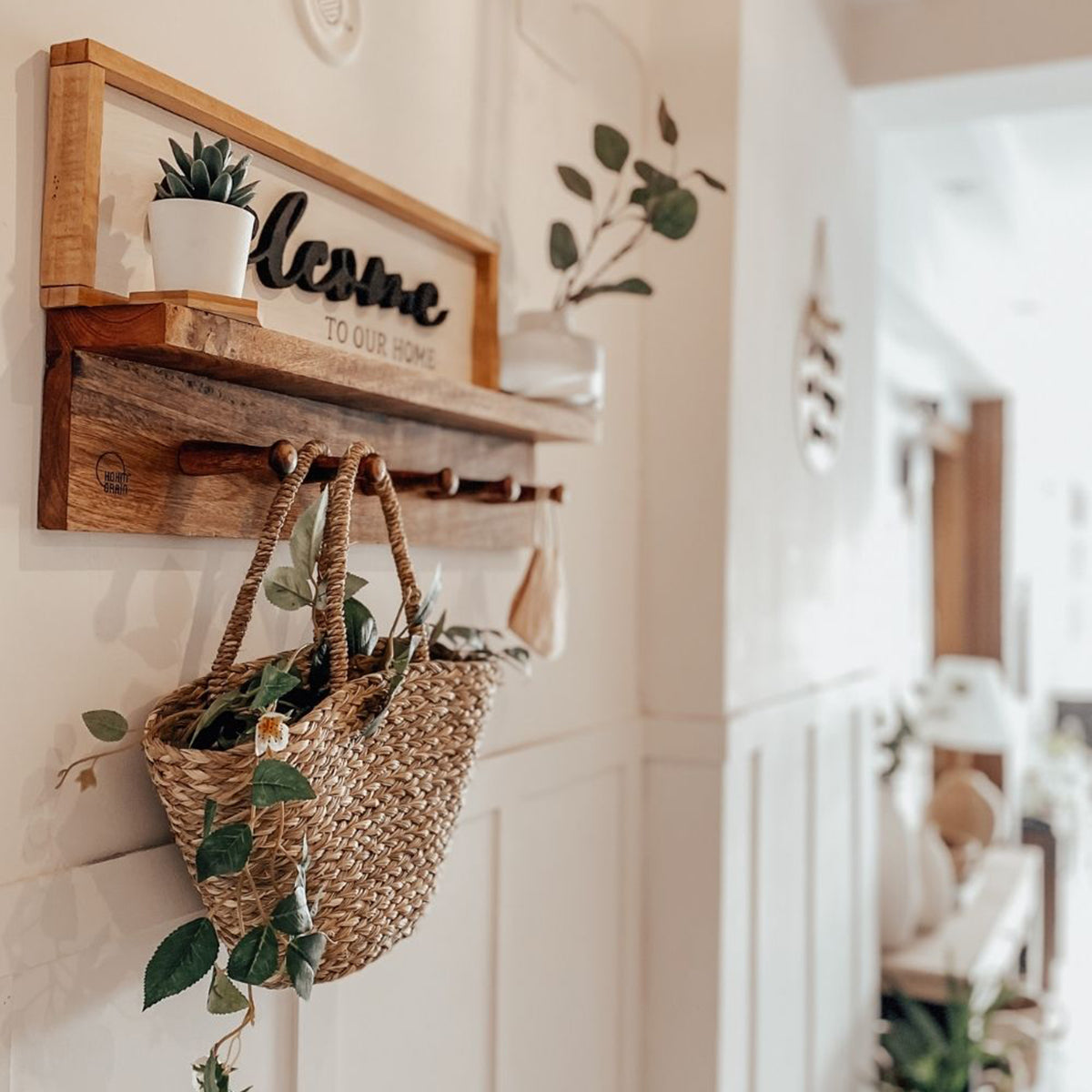 Multi Functional Wood Wall Shelf with Hooks