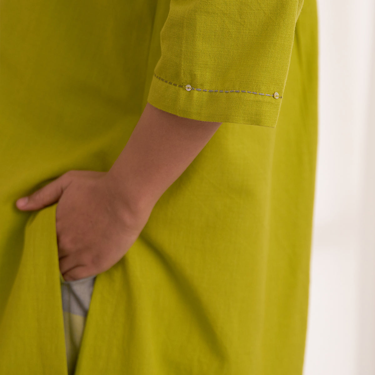 Lime Handwoven Cotton & Check Kurta