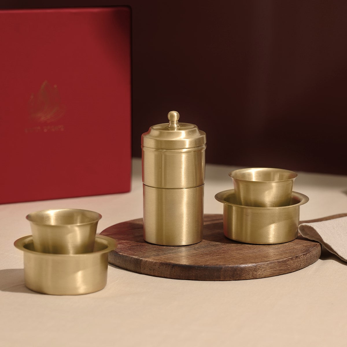 Brass Filter Coffee & Dabara Set | Gold | Set of 3 | Diwali Gift Box