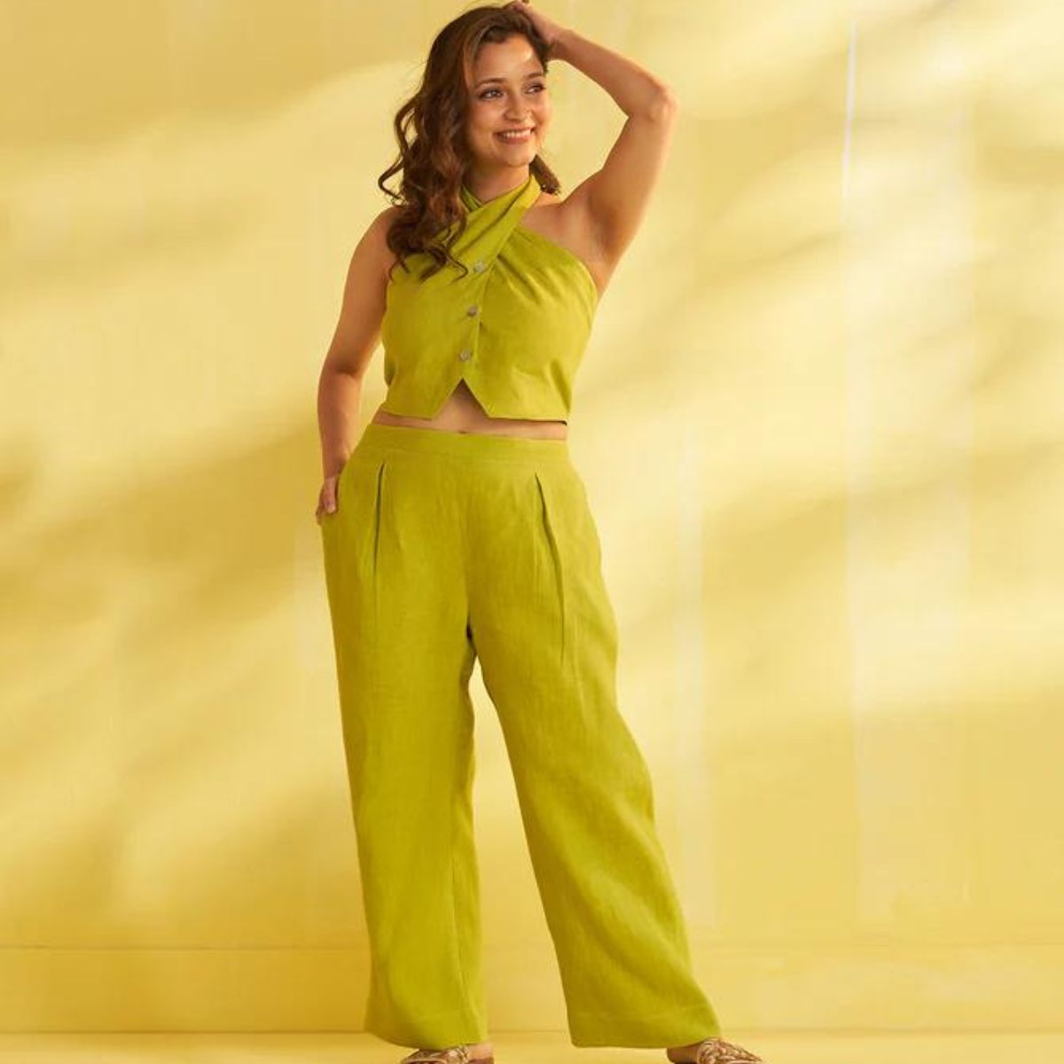 Lime Pure Linen Sleeveless Top & Pants Set