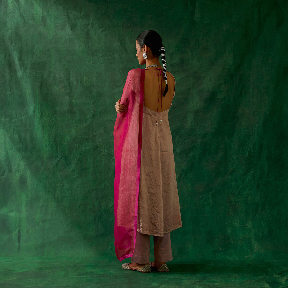 Embroidered Zari Silk Anarkali, Cotton Glaze Pants, and Katan silk Dupatta