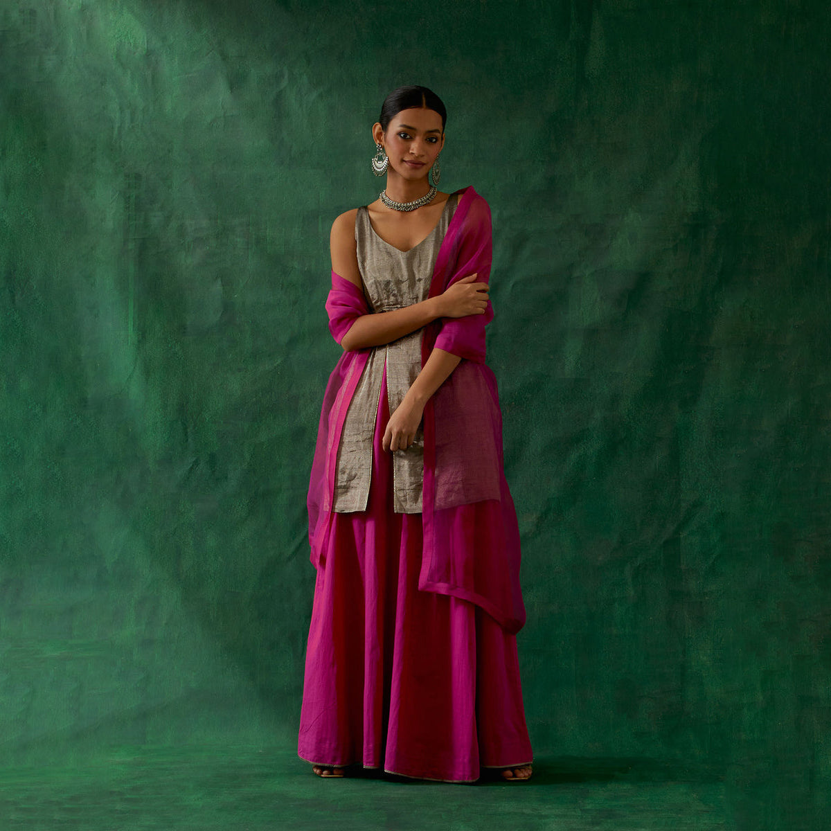 Front Slit Black Zari Silk Kurta, with Cotton Sharara & Katan Dupatta