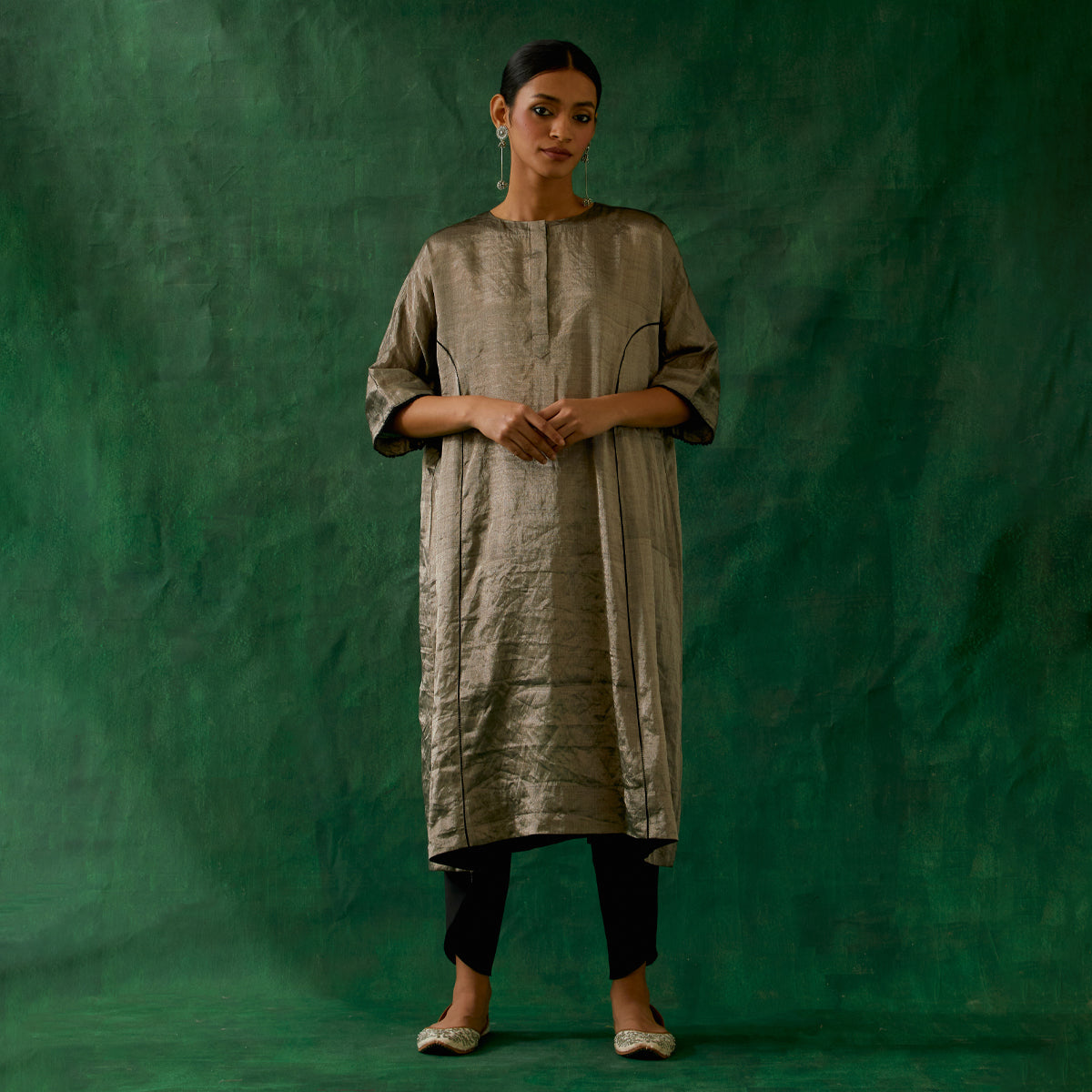 Silver Black Zari Silk Kaftan With Dhoti Salwar in Cotton Glaze (Set Of 2)