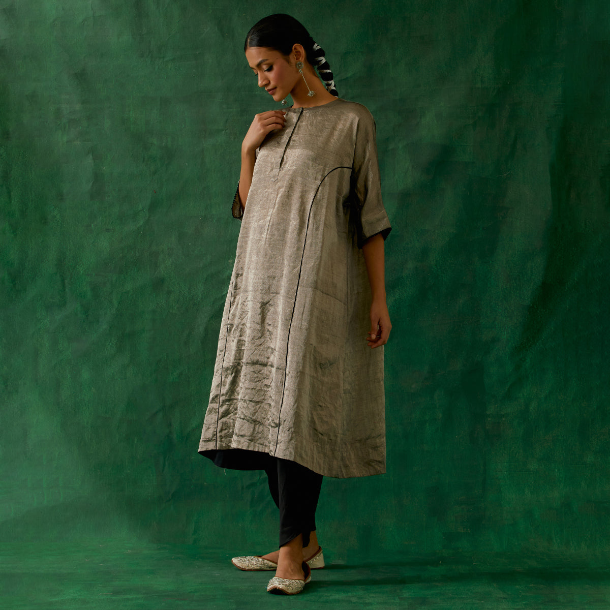 Silver Black Zari Silk Kaftan With Dhoti Salwar in Cotton Glaze (Set Of 2)