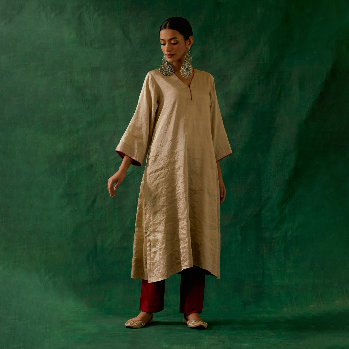 Beige Gold Kaftan Kurta in Zari Silk with Chanderi Pants (Set of 2)