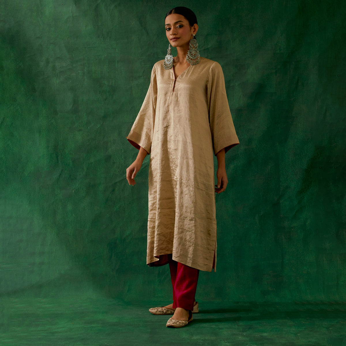 Beige Gold Kaftan Kurta in Zari Silk with Chanderi Pants (Set of 2)