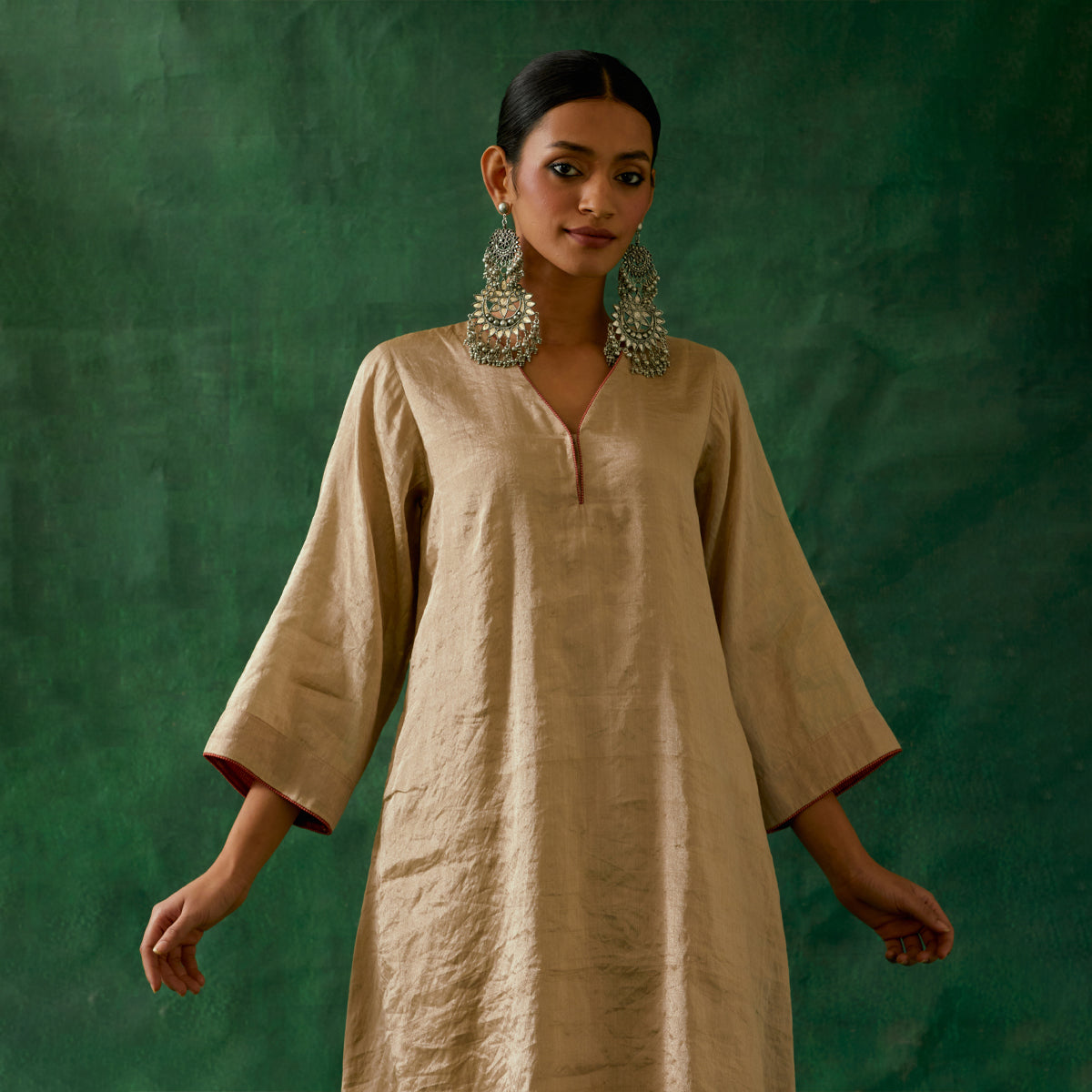 Beige Gold Kaftan Kurta in Zari Silk with Chanderi Pants (Set of 2)