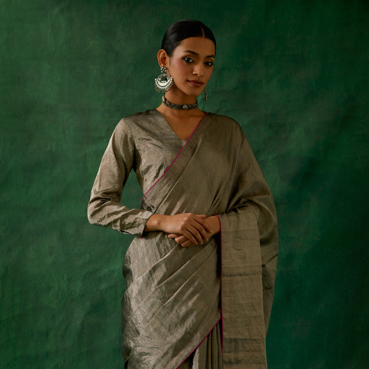 Coordinate Set- Handcrafted Black Silver Zari Silk Saree with Blouse (Set of 2)