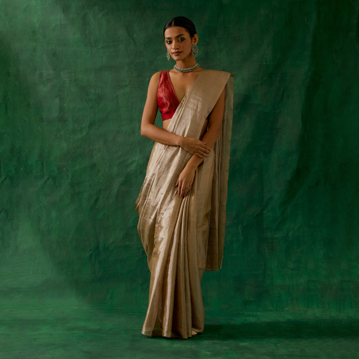 Coordinate Set- Handcrafted Beige Gold Zari Silk Saree with Red Chanderi Blouse (Set of 2)