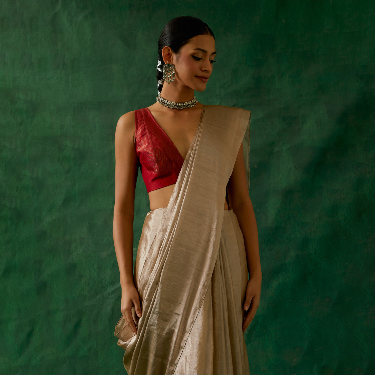 Coordinate Set- Handcrafted Beige Gold Zari Silk Saree with Red Chanderi Blouse (Set of 2)