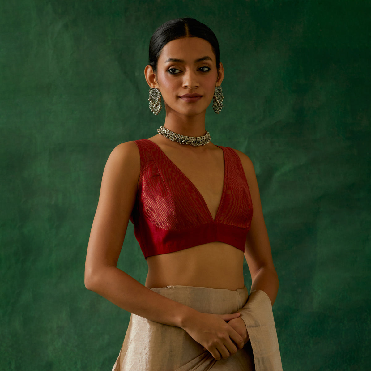 Coordinate Set- Handcrafted Beige Gold Zari Silk Saree with Red Chanderi Blouse (Set of 2)
