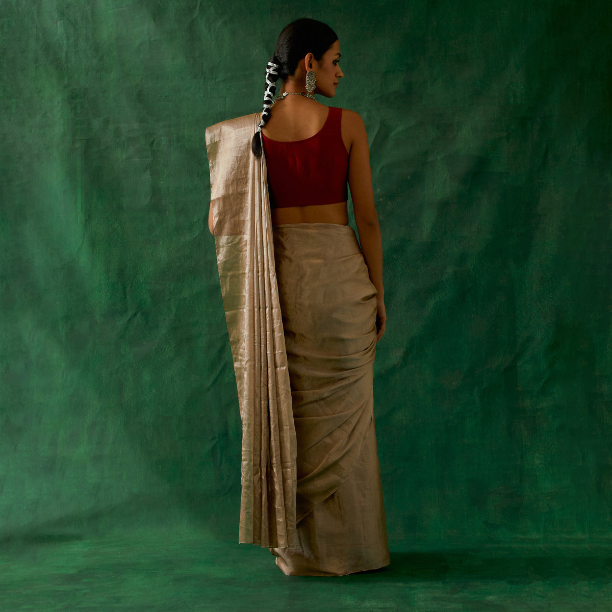 Coordinate Set- Handcrafted Beige Gold Zari Silk Saree with Red Chanderi Blouse (Set of 2)