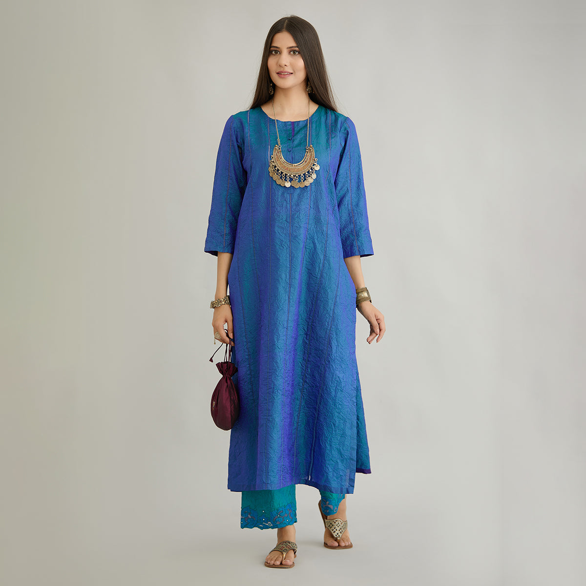 Aloka-Teal Blue Straight Silk Kurta & Pants