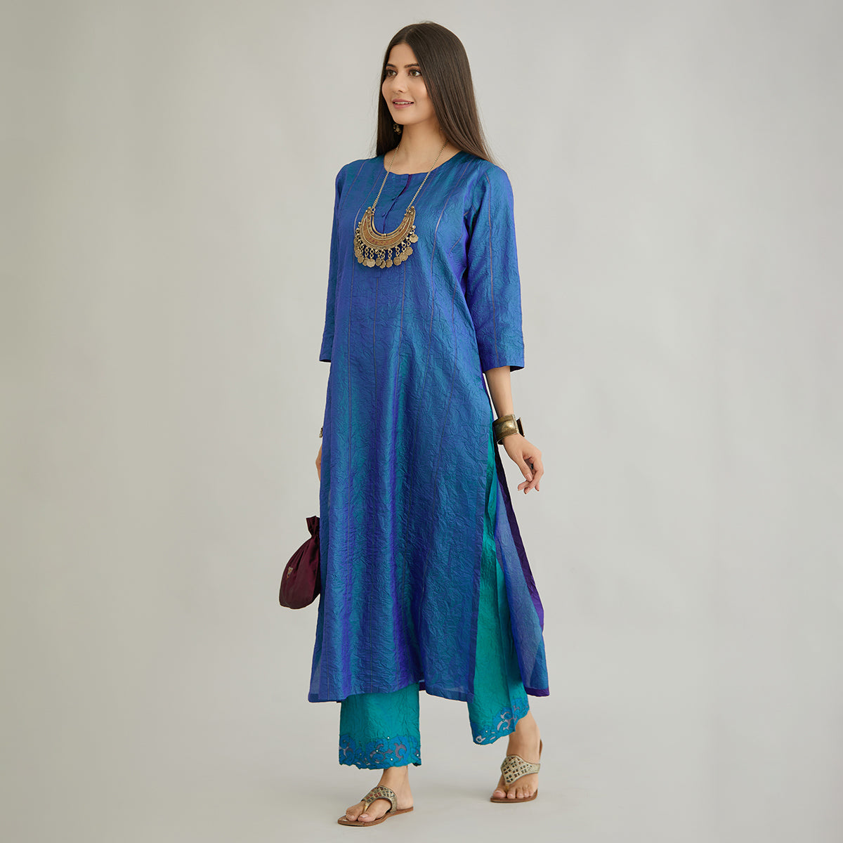 Aloka-Teal Blue Straight Silk Kurta & Pants