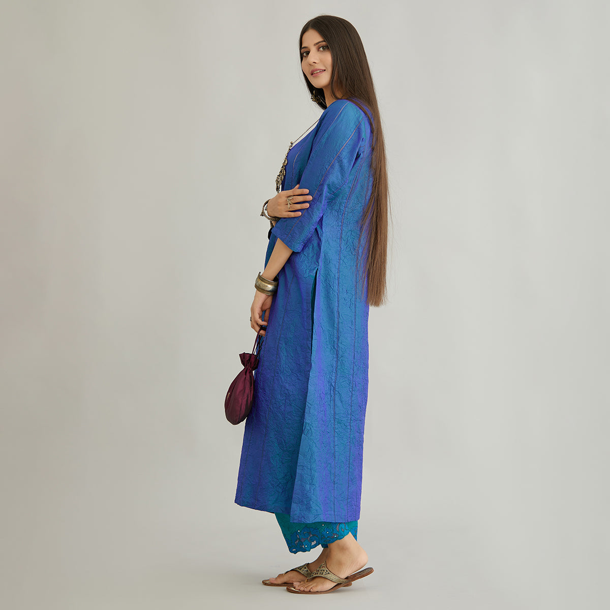 Aloka-Teal Blue Straight Silk Kurta & Pants