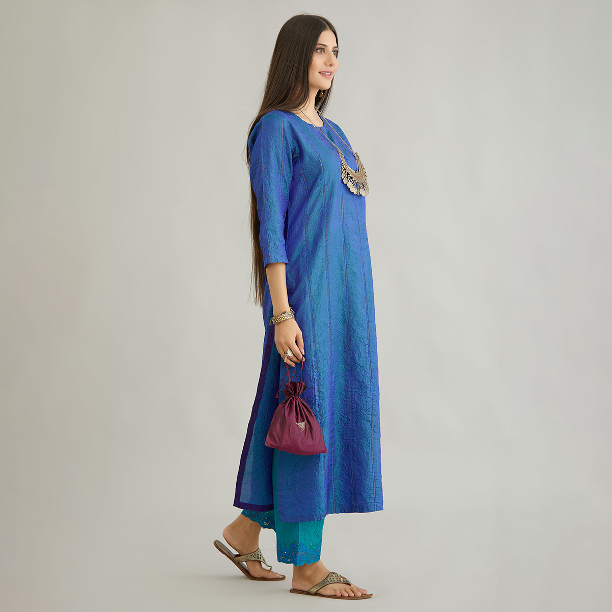 Aloka-Teal Blue Straight Silk Kurta & Pants