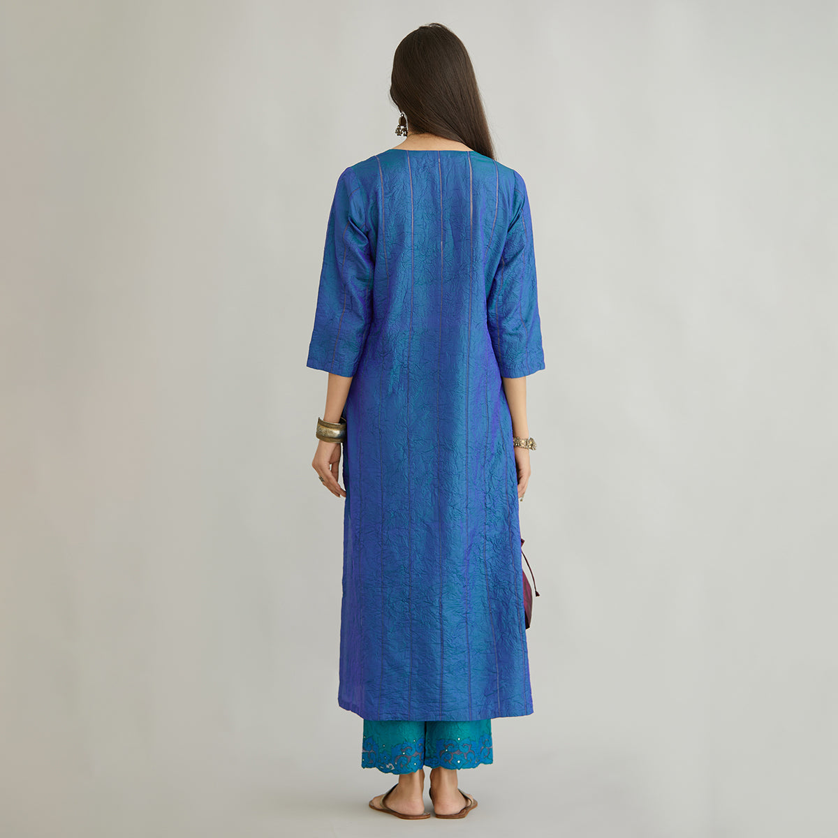 Aloka-Teal Blue Straight Silk Kurta & Pants