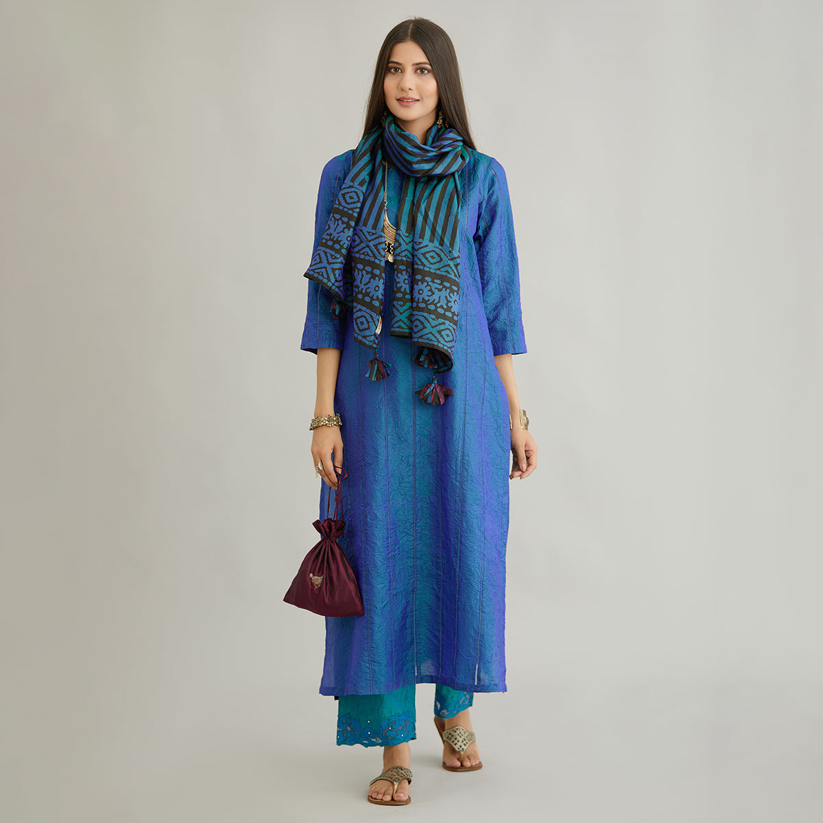 Aloka-Teal Blue Straight Silk Kurta & Pants