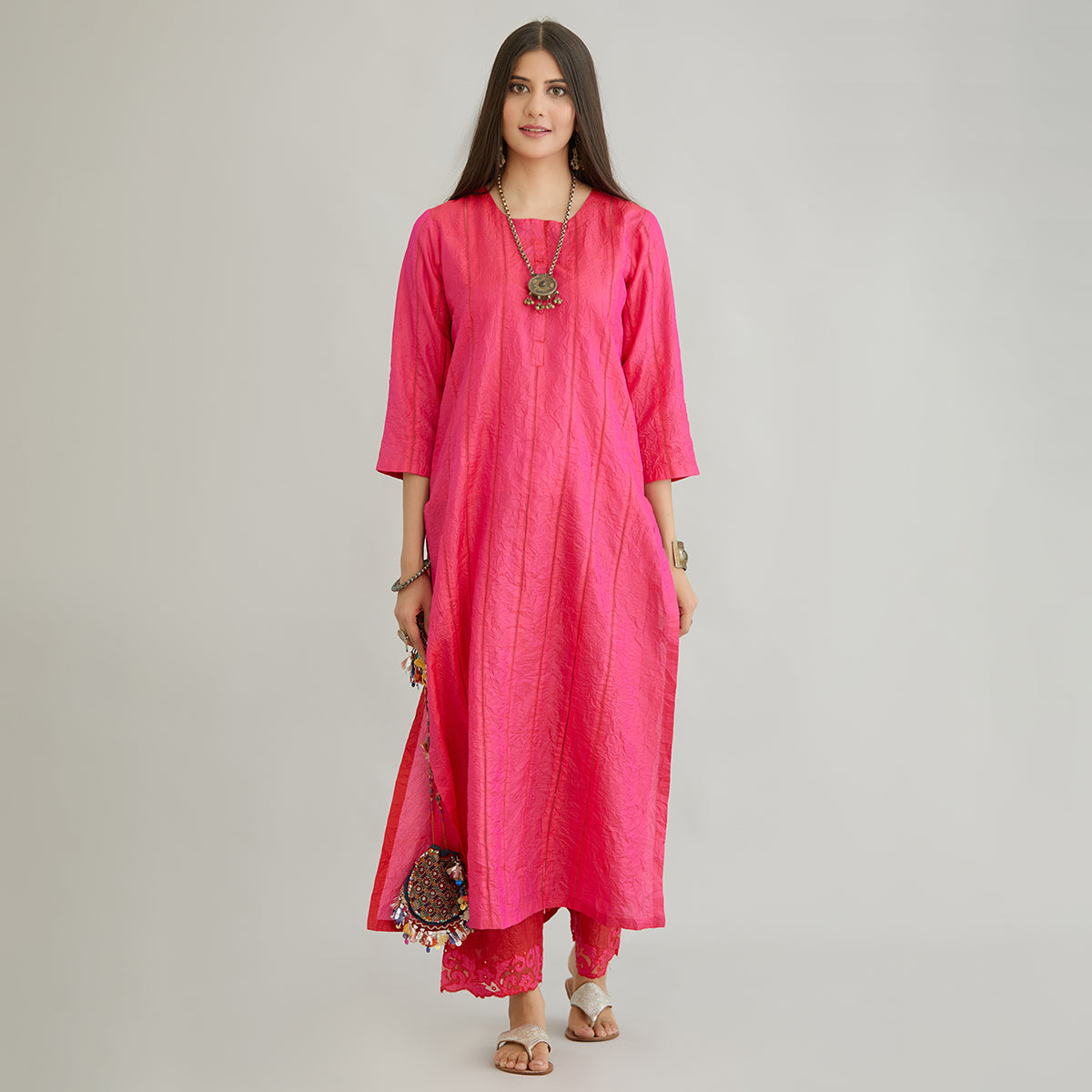 Aloka-Fuchsia Straight Silk Kurta & Pants