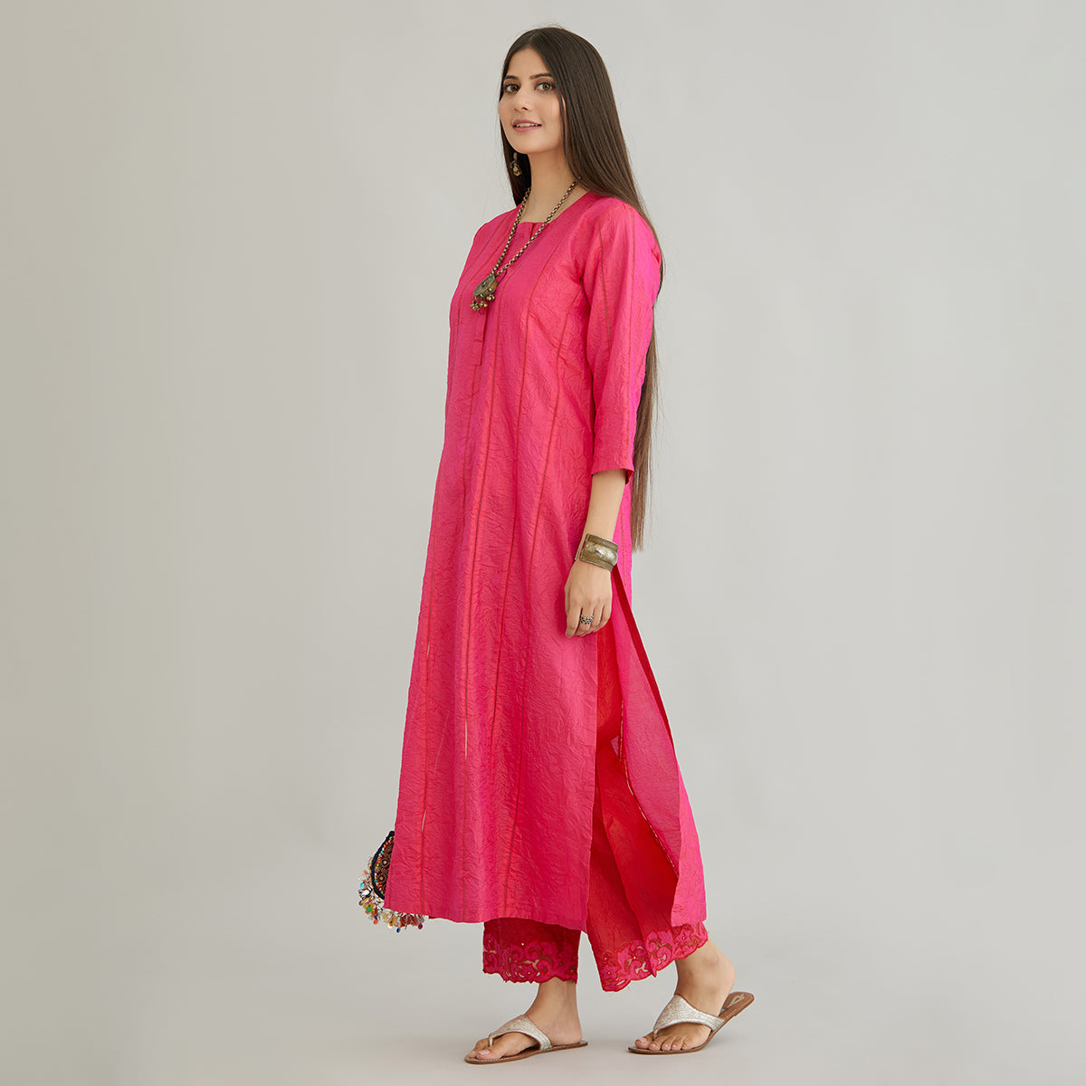 Aloka-Fuchsia Straight Silk Kurta & Pants