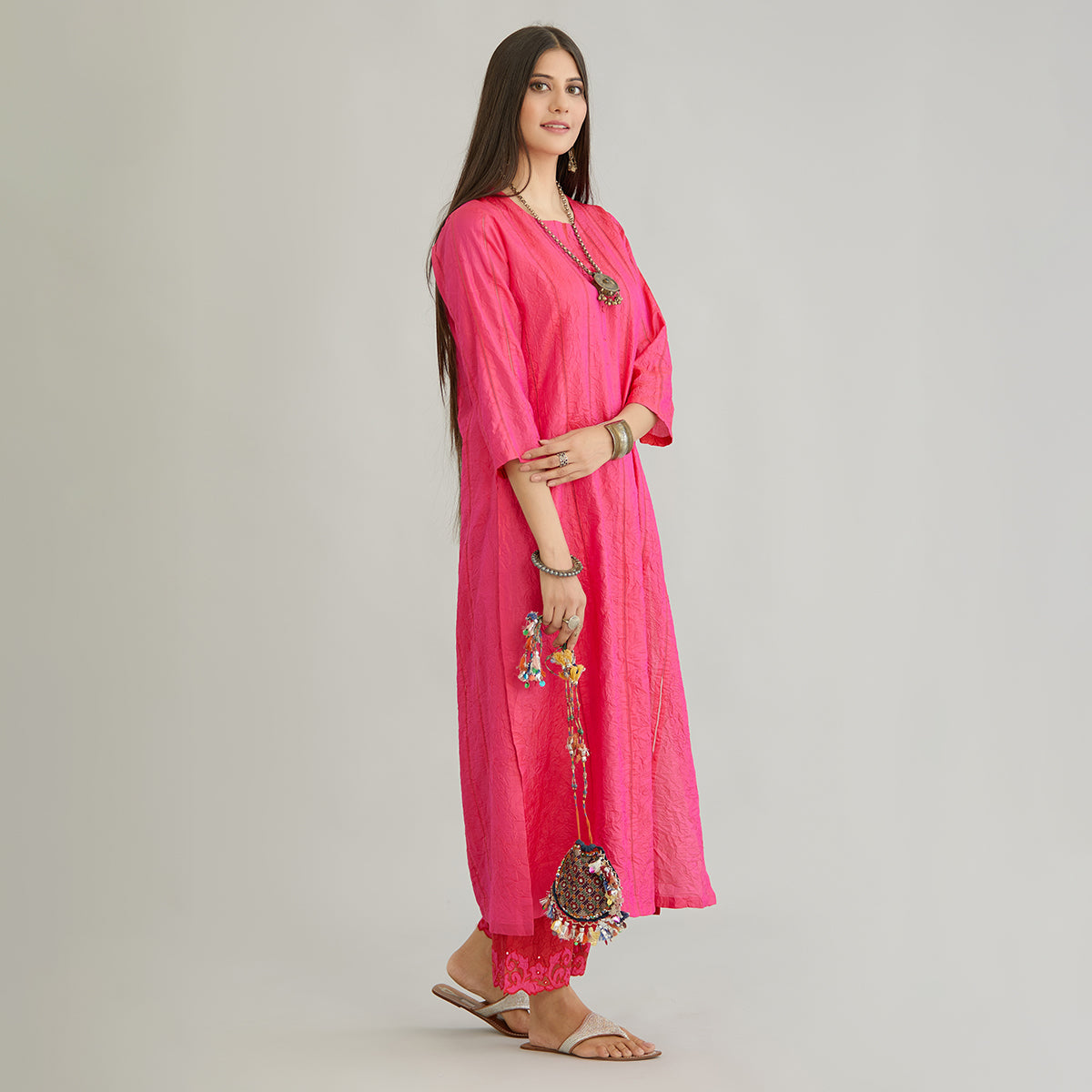 Aloka-Fuchsia Straight Silk Kurta & Pants