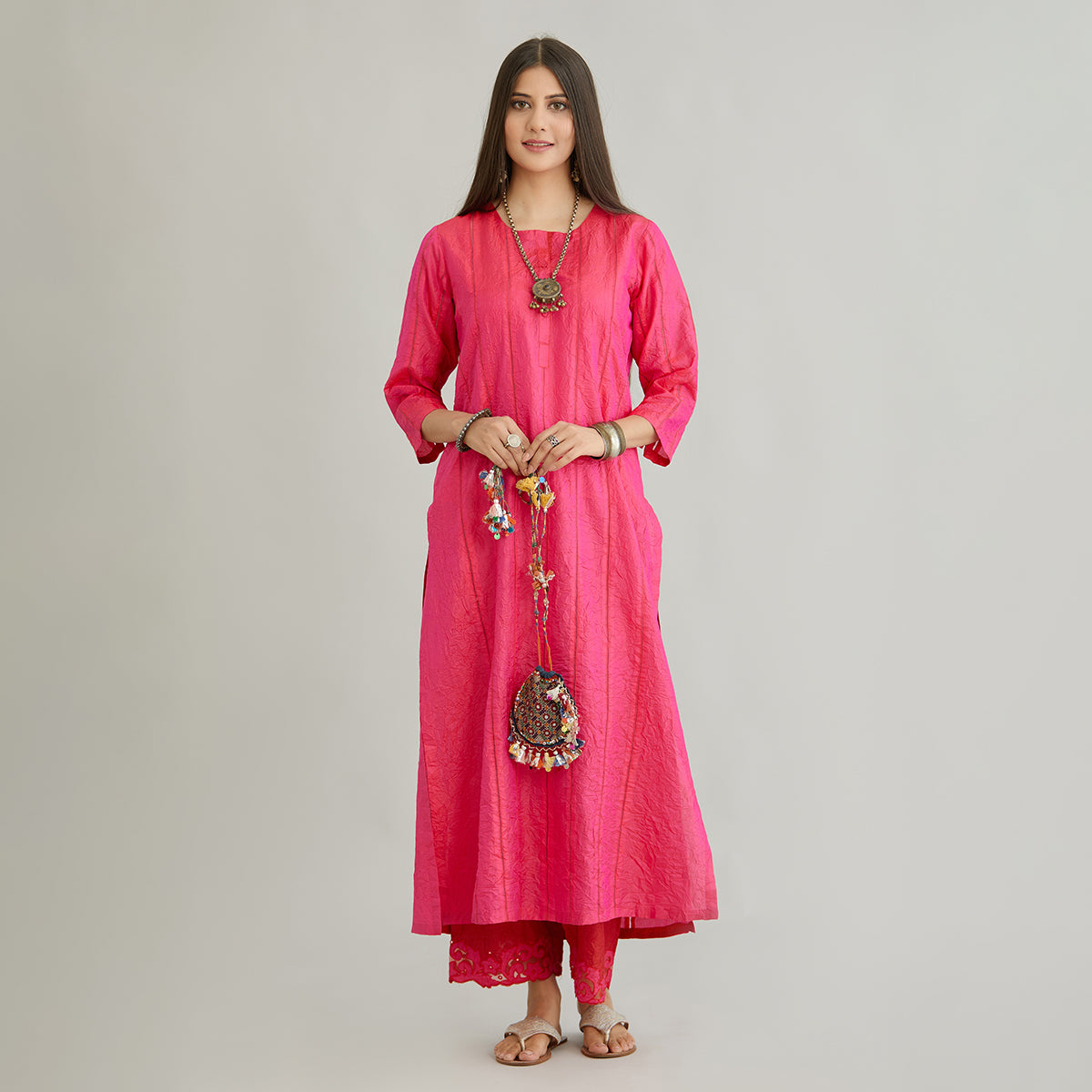 Aloka-Fuchsia Straight Silk Kurta & Pants