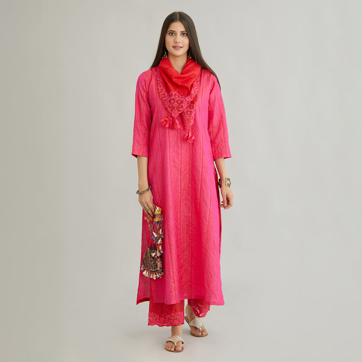 Aloka-Fuchsia Straight Silk Kurta & Pants