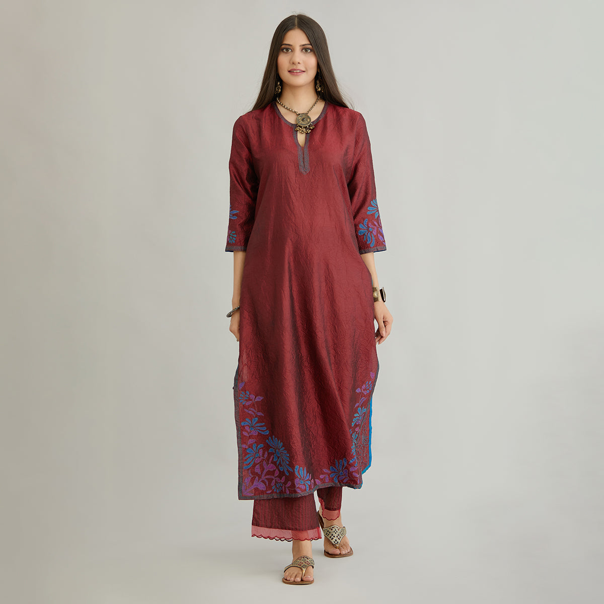 Aloka-Maroon Straight Silk Kurta & Pants