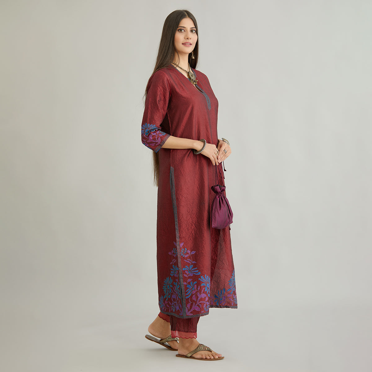 Aloka-Maroon Straight Silk Kurta & Pants