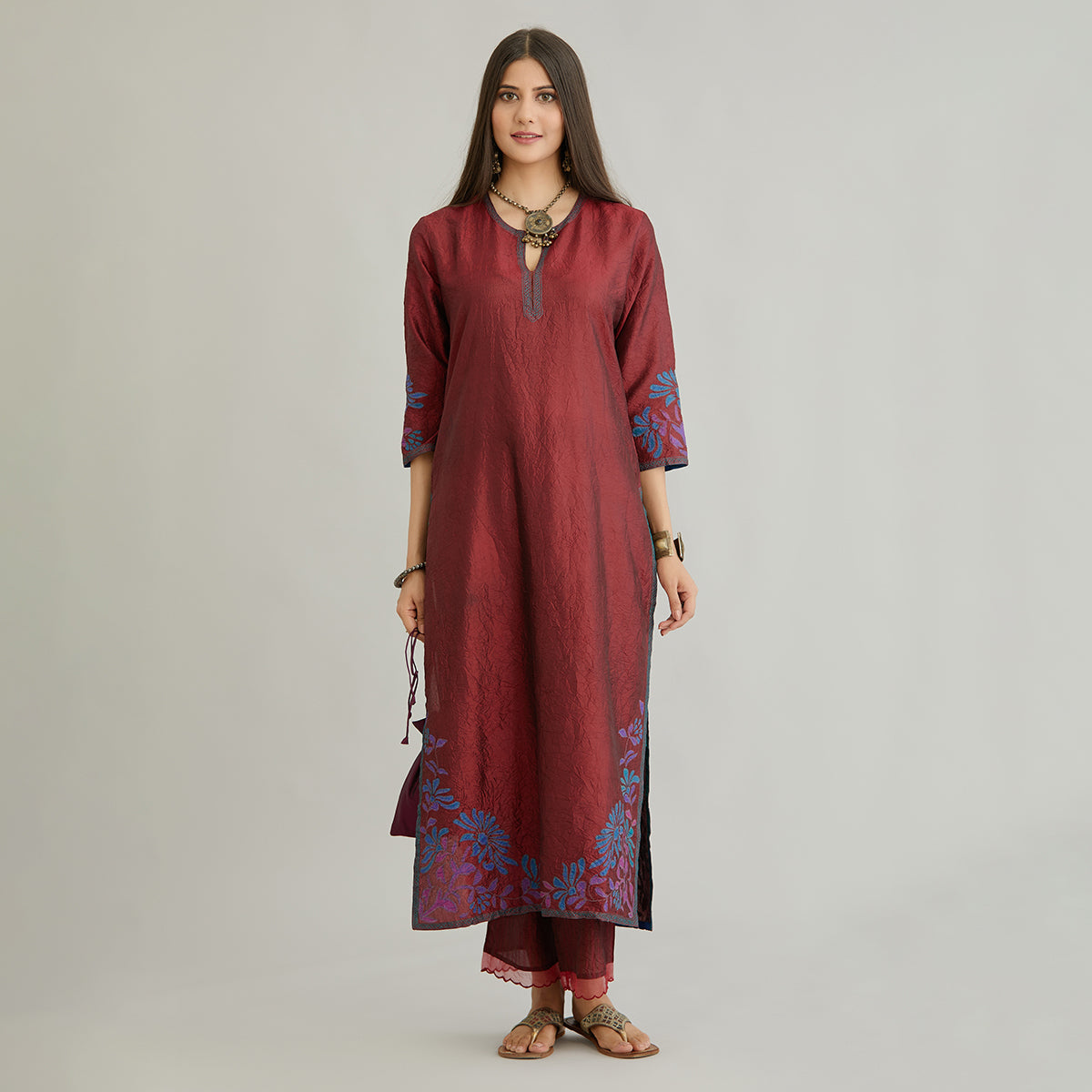 Aloka-Maroon Straight Silk Kurta & Pants