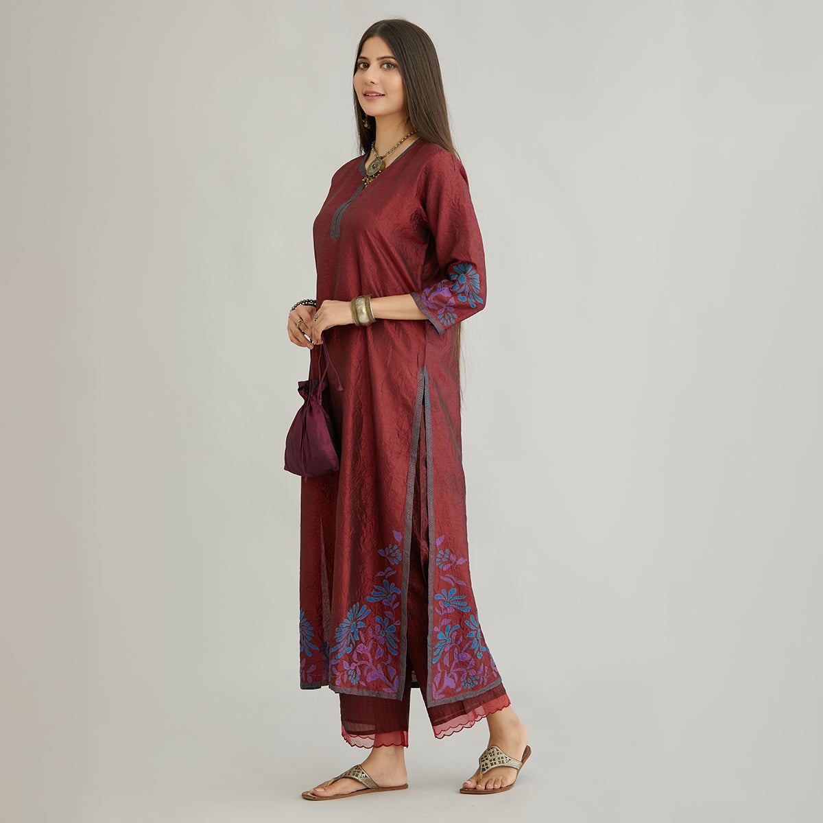 Aloka-Maroon Straight Silk Kurta & Pants