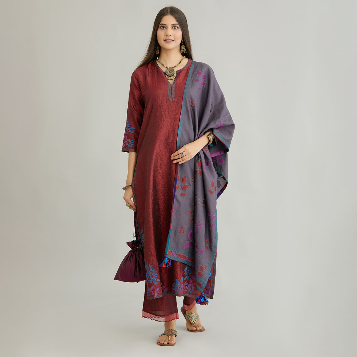 Aloka-Maroon Straight Silk Kurta & Pants