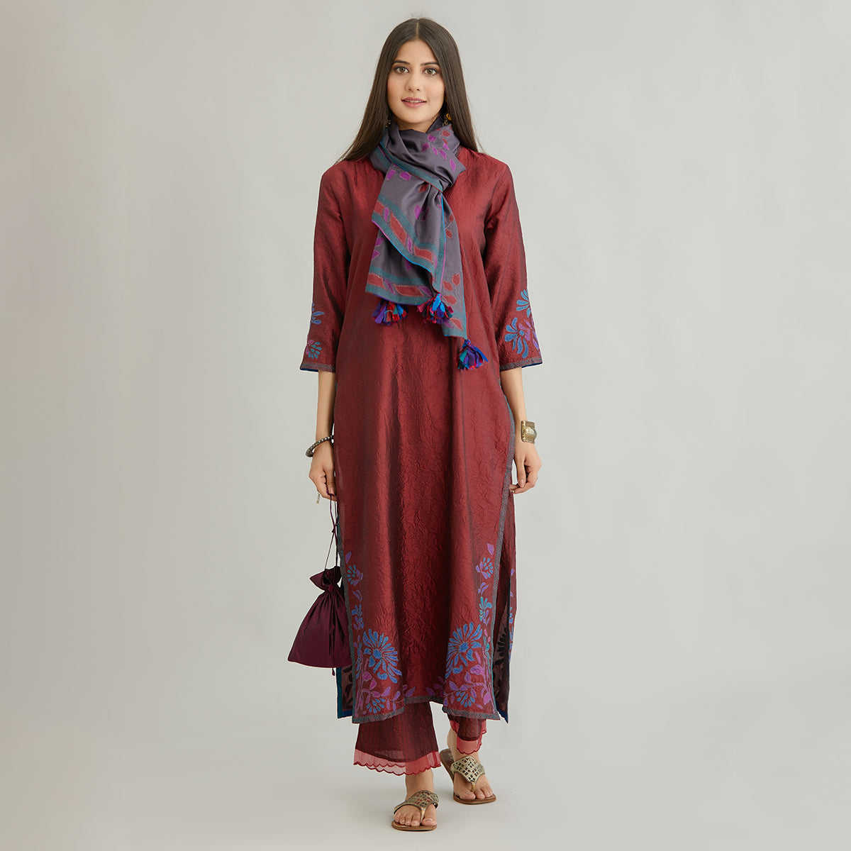 Aloka-Maroon Straight Silk Kurta & Pants