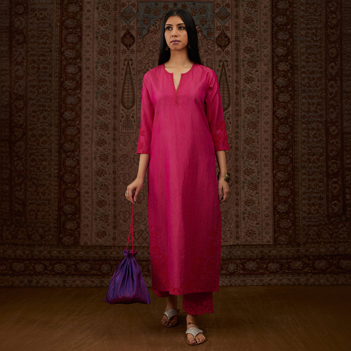 Aloka-Fuchsia Straight Silk Kurta & Pants