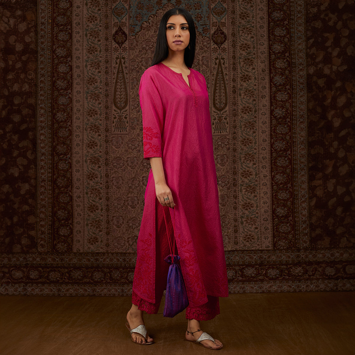 Aloka-Fuchsia Straight Silk Kurta & Pants