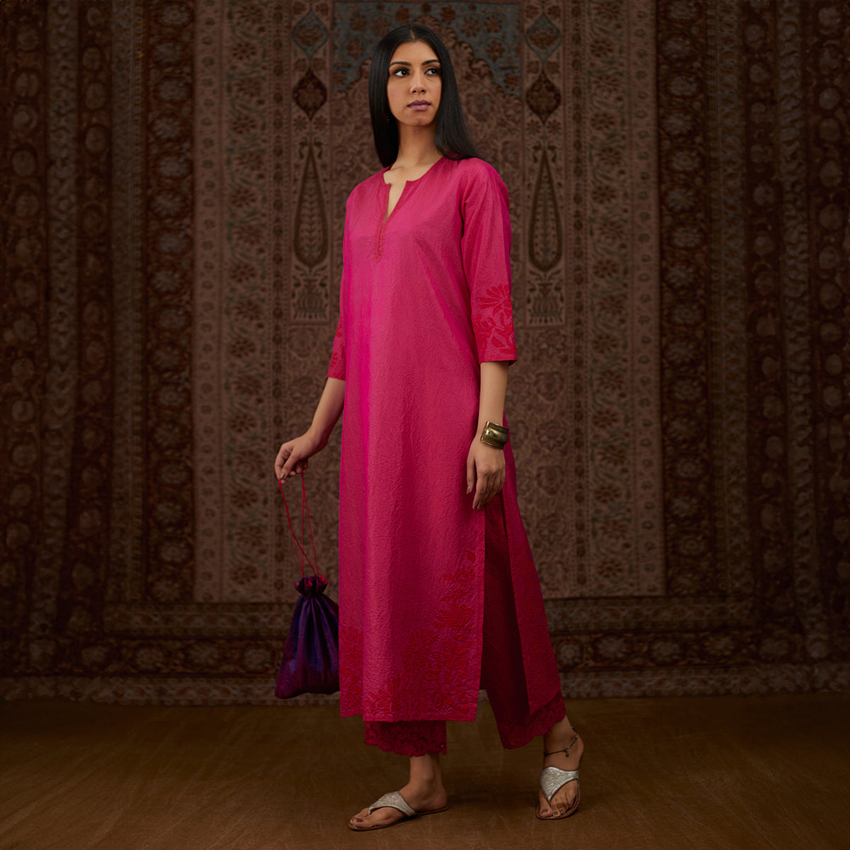 Aloka-Fuchsia Straight Silk Kurta & Pants