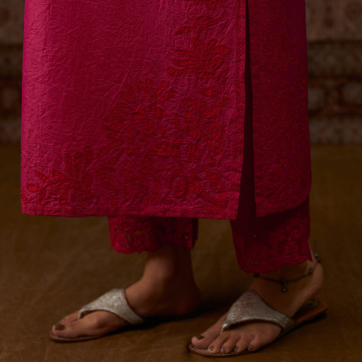 Aloka-Fuchsia Straight Silk Kurta & Pants