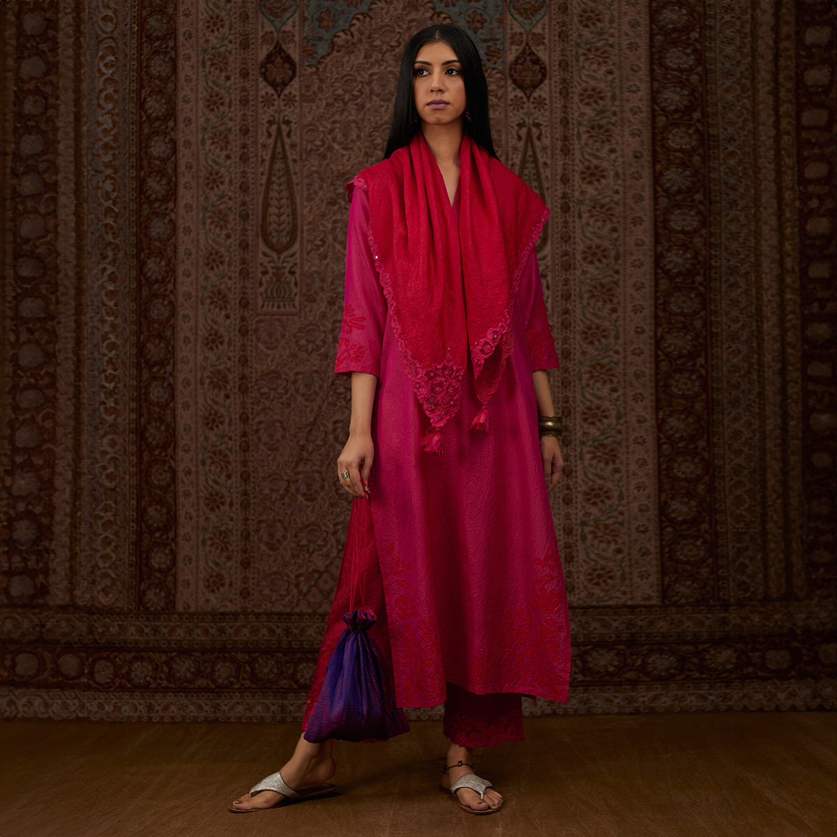 Aloka-Fuchsia Straight Silk Kurta & Pants