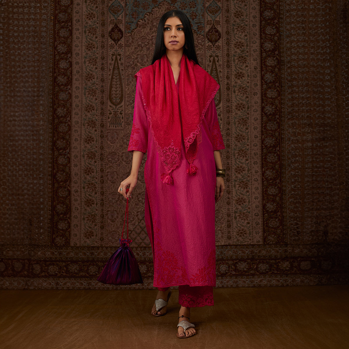 Aloka-Fuchsia Straight Silk Kurta & Pants