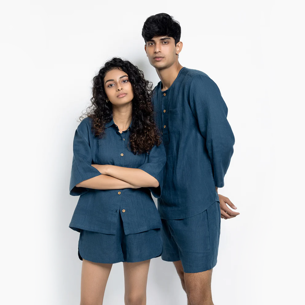 Indigo Linen Men's Shorts Set