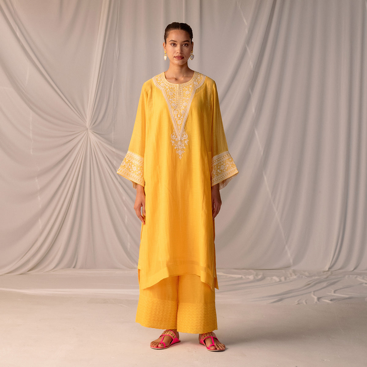 Mango Yellow  Embroidered Tunic & Trouser Set