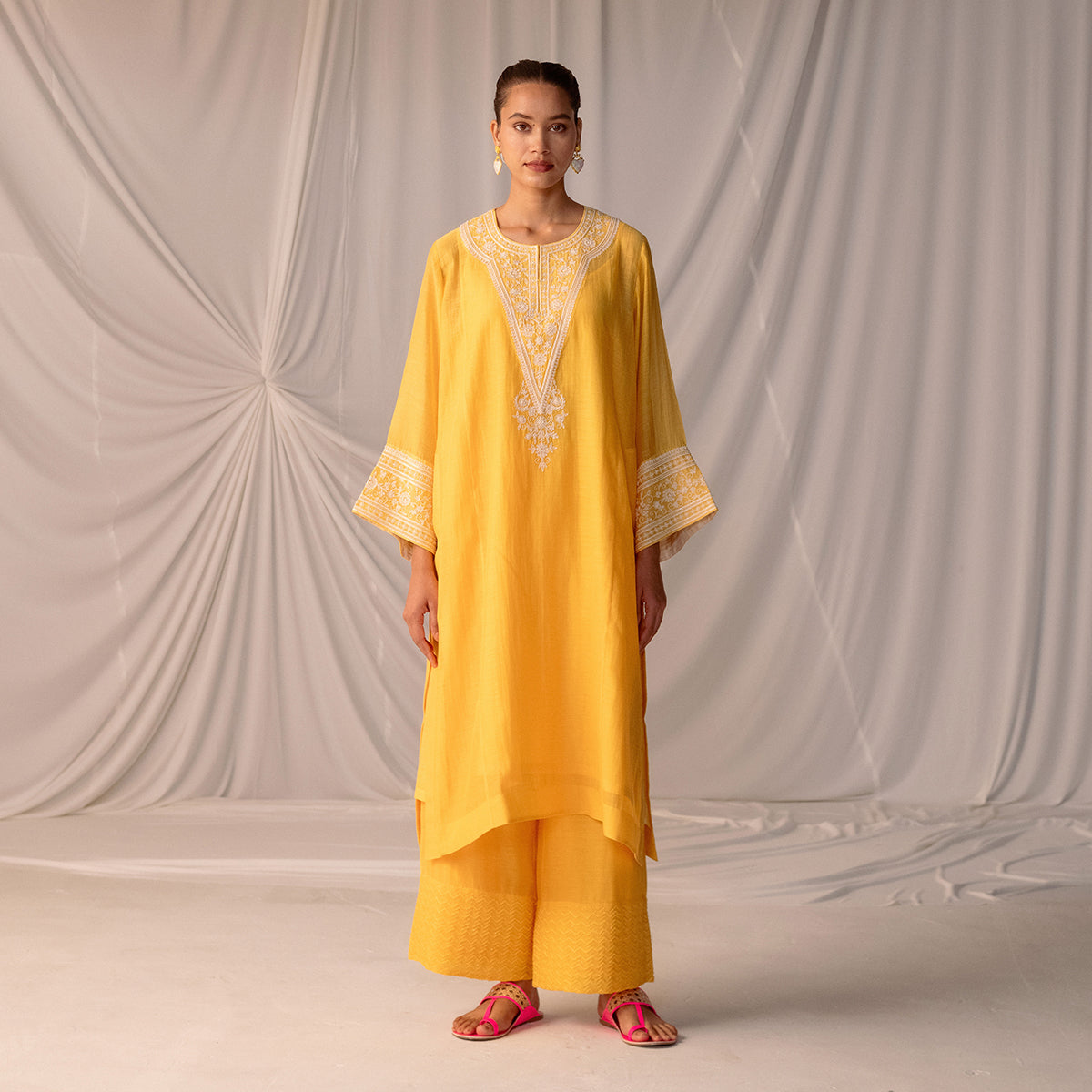 Mango Yellow  Embroidered Tunic & Trouser Set