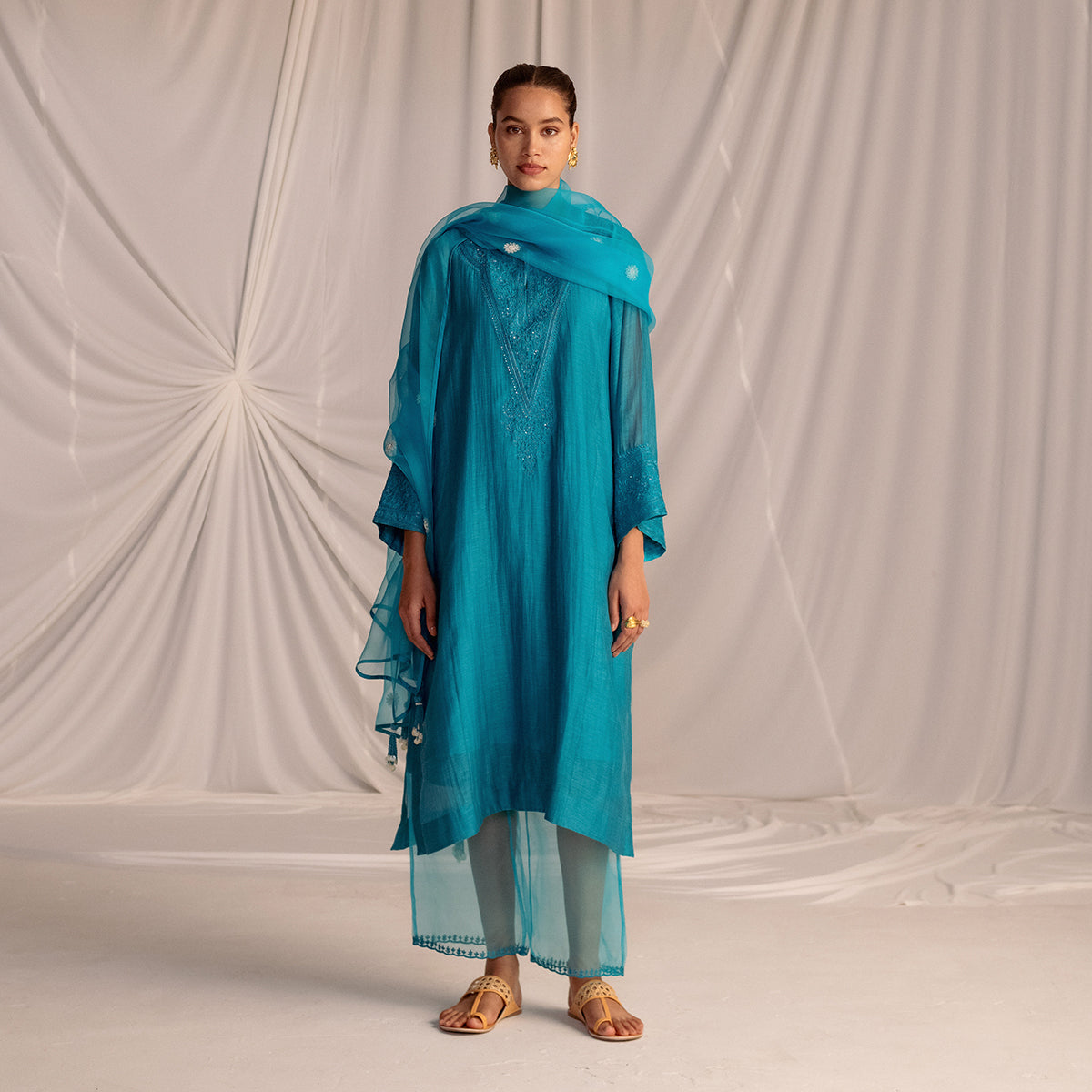 Turquoise Blue  Embroidered Tunic & Trouser Set