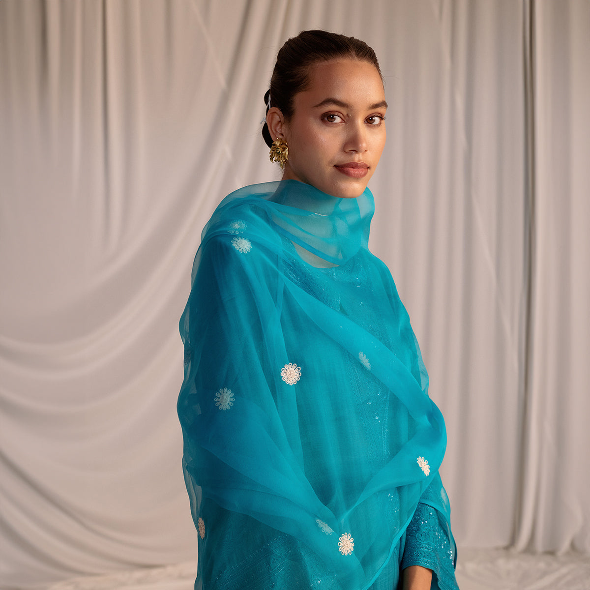 Turquoise Blue  Embroidered Tunic & Trouser Set