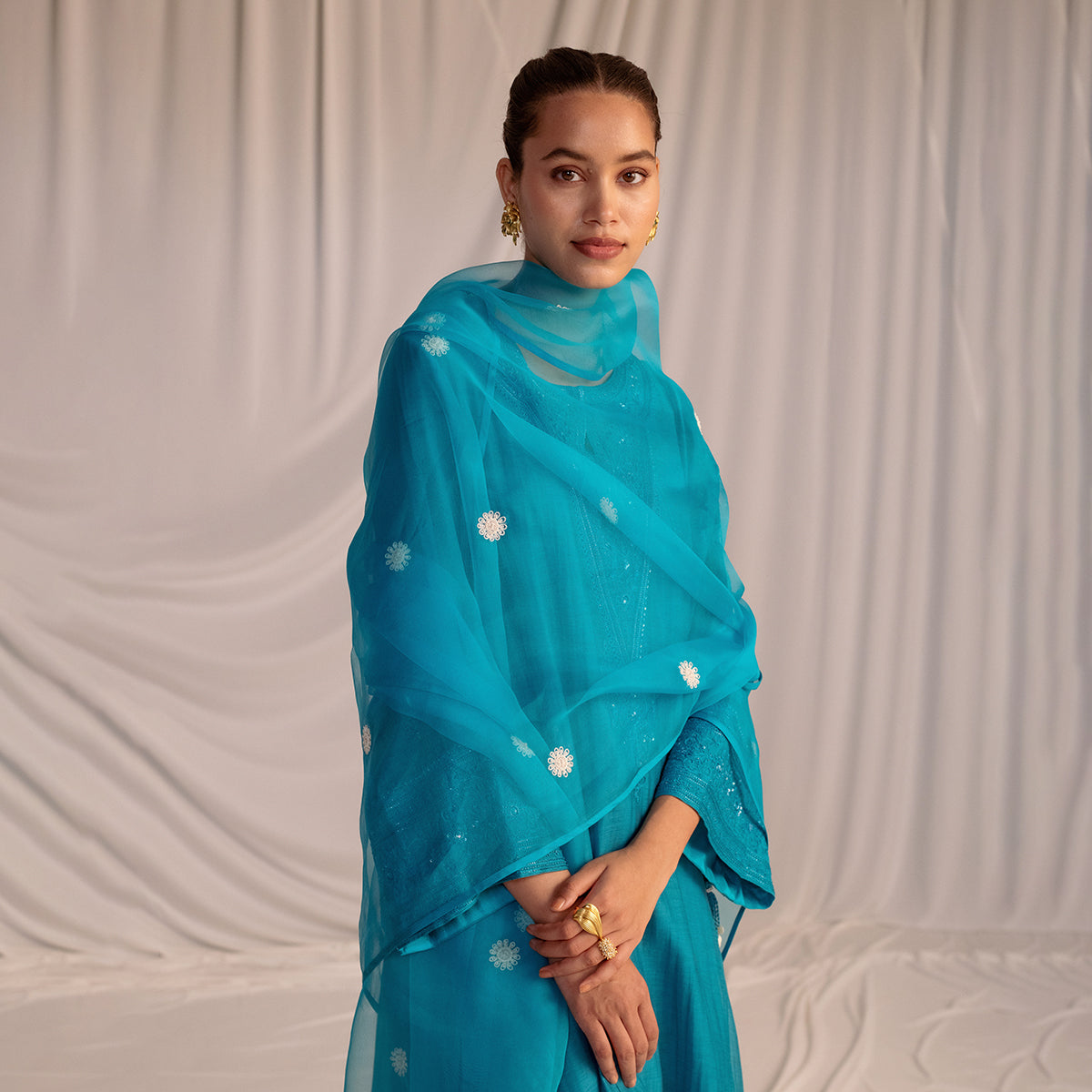 Turquoise Blue  Embroidered Tunic & Trouser Set