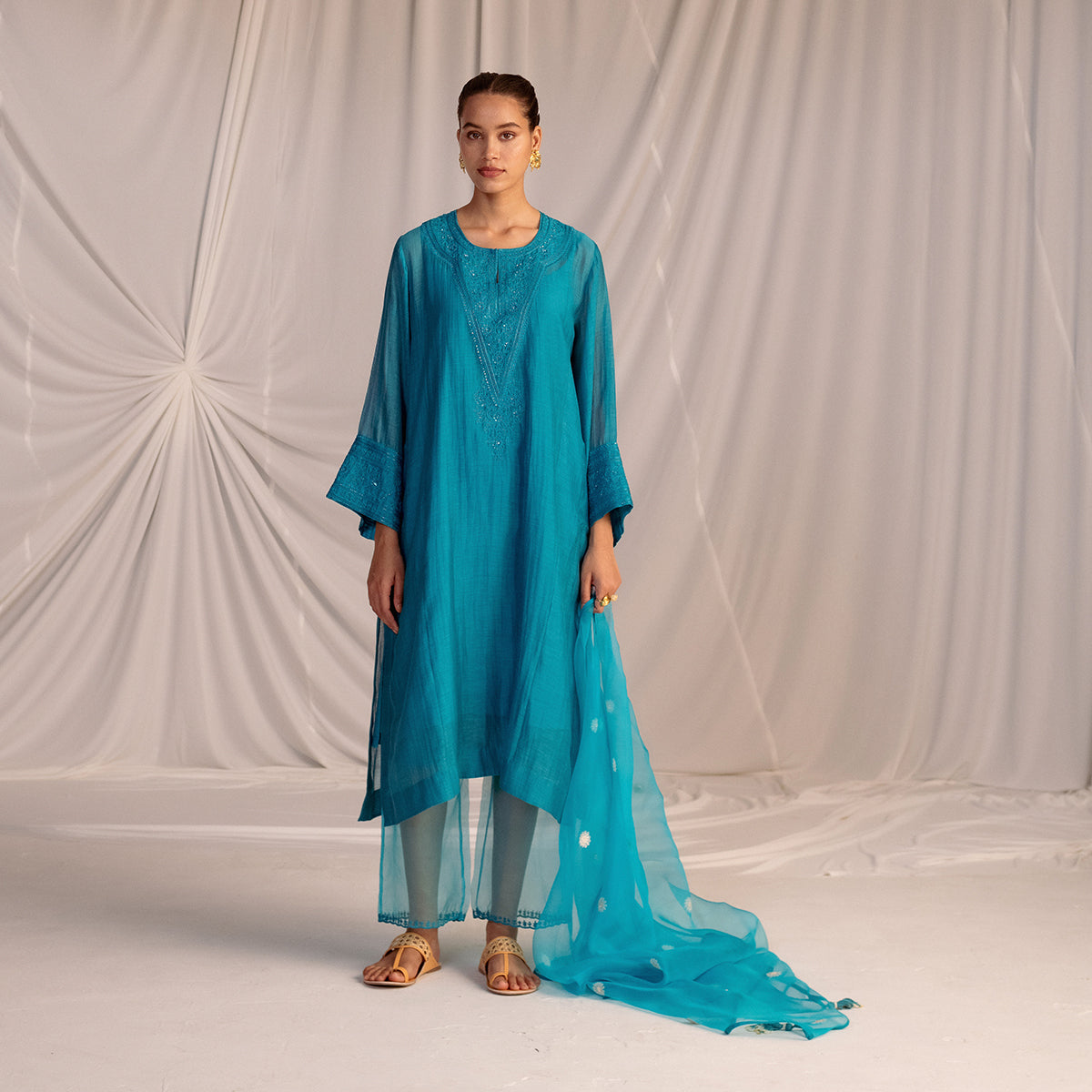 Turquoise Blue  Embroidered Tunic & Trouser Set