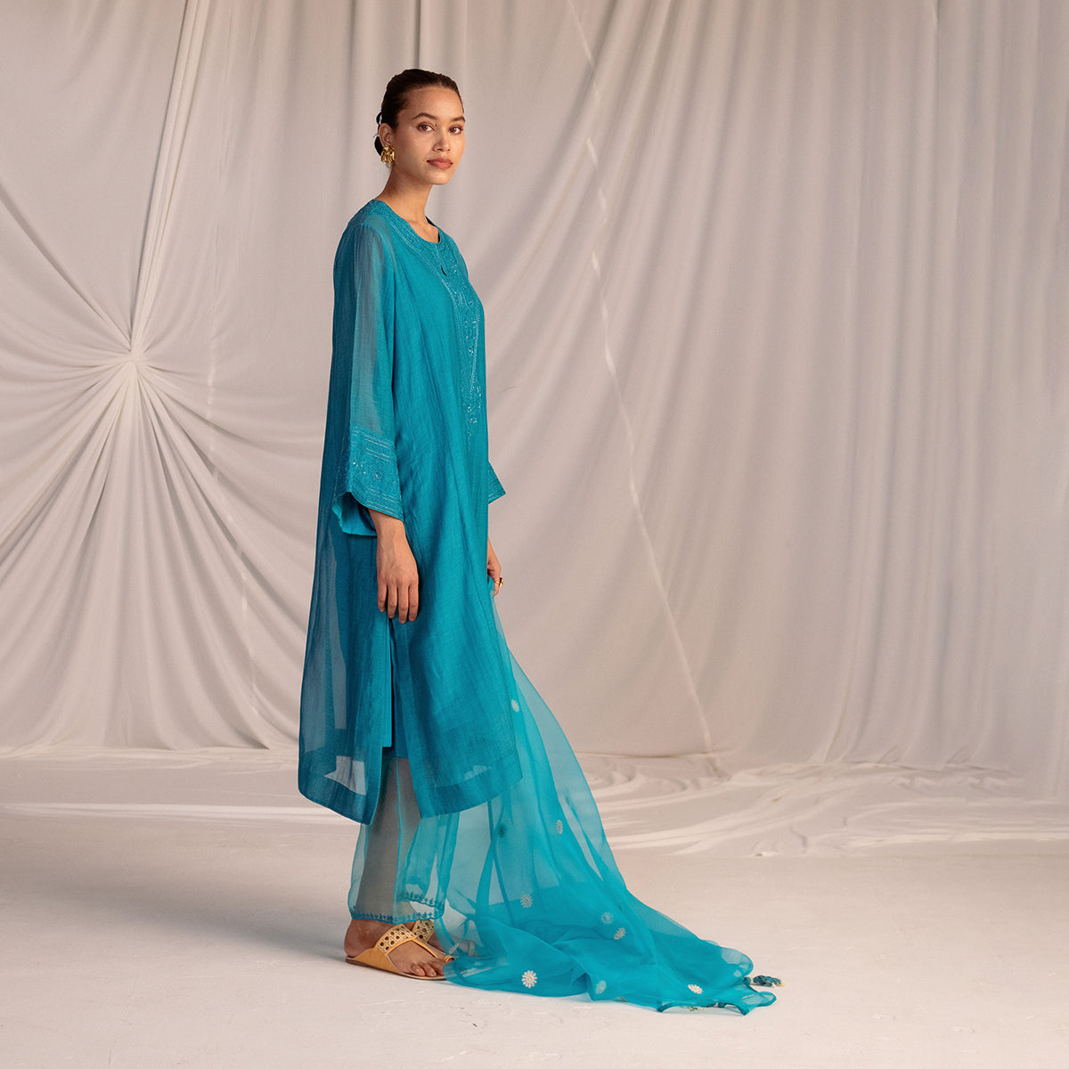 Turquoise Blue  Embroidered Tunic & Trouser Set