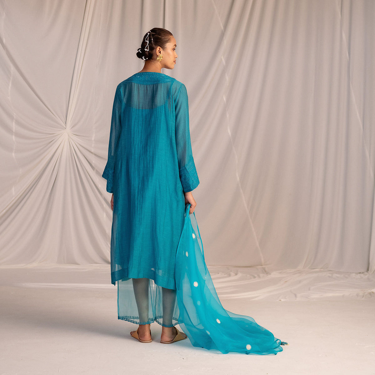 Turquoise Blue  Embroidered Tunic & Trouser Set