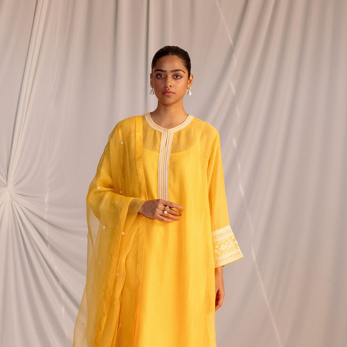 Mango Yellow  Embroidered Tunic & Trouser Set