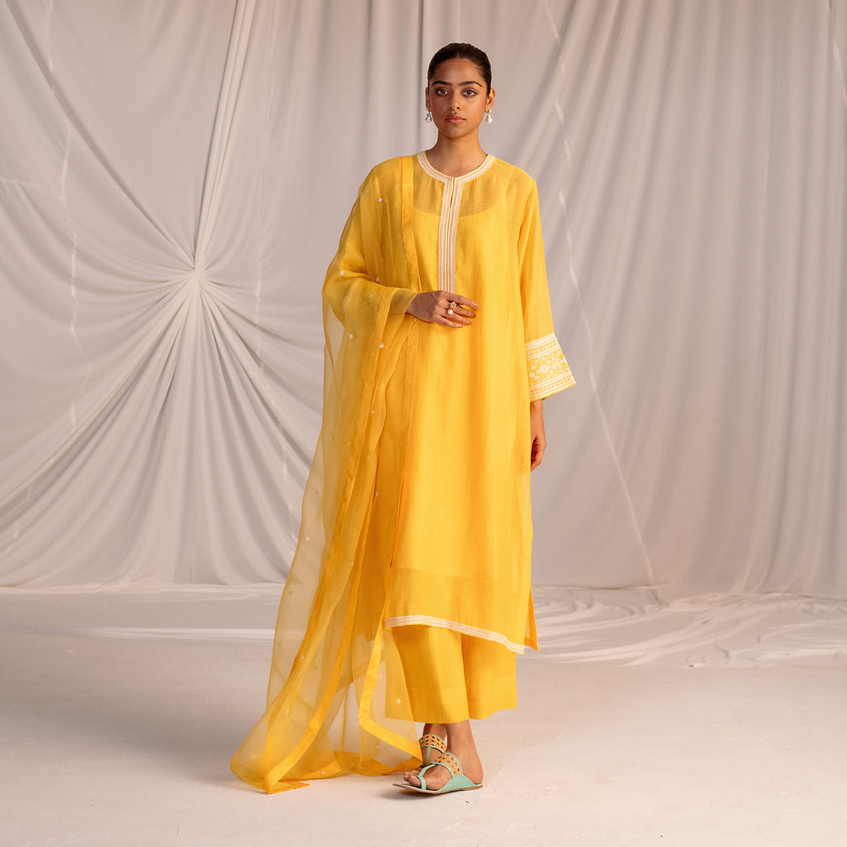 Mango Yellow  Embroidered Tunic & Trouser Set